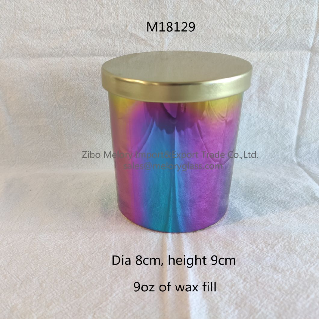 Colored Glass Candle Holder or Glass Bottle with Iridescent Finish with Metal Lid or Wooden Lid