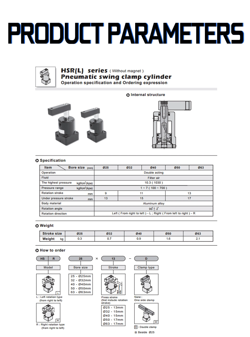 Double Acting Pneumatic Cylinder Hsr/Hsl-50 50mm Bore Rotating Swing Clamp Cylinder