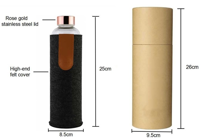 Felt Cover 750ml Glass Water Bottle with Time Markings