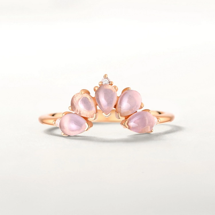 Fashion 14K Gold Plated Silver Jewelry S925 Silver Curved Stackable Synthetic Rose Quartz Finger Ring