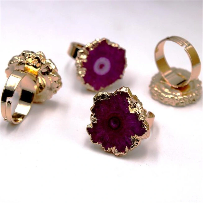 Gold Plated Solar Quartz Adjustable Rings, Raw Stone Sunflower Druzy Silver Plated Cigar Rings