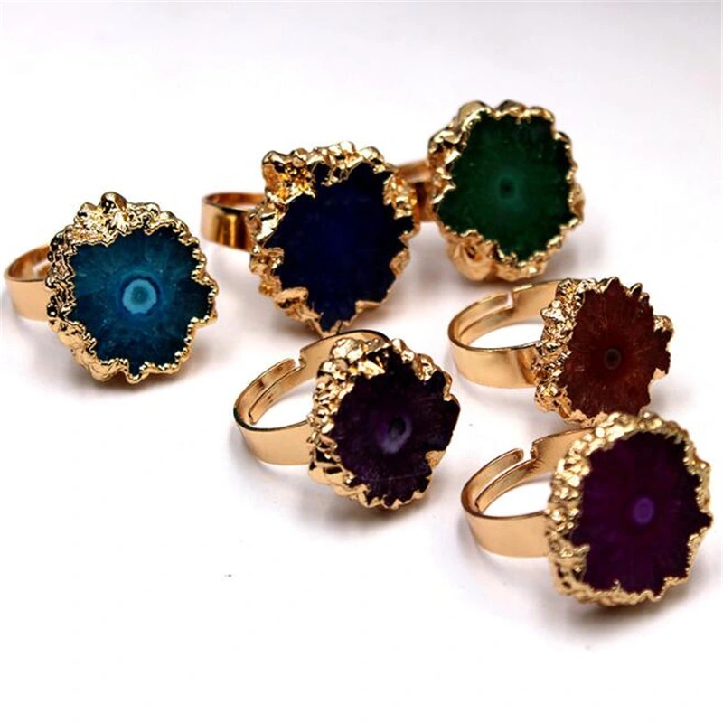 Gold Plated Solar Quartz Adjustable Rings, Raw Stone Sunflower Druzy Silver Plated Cigar Rings