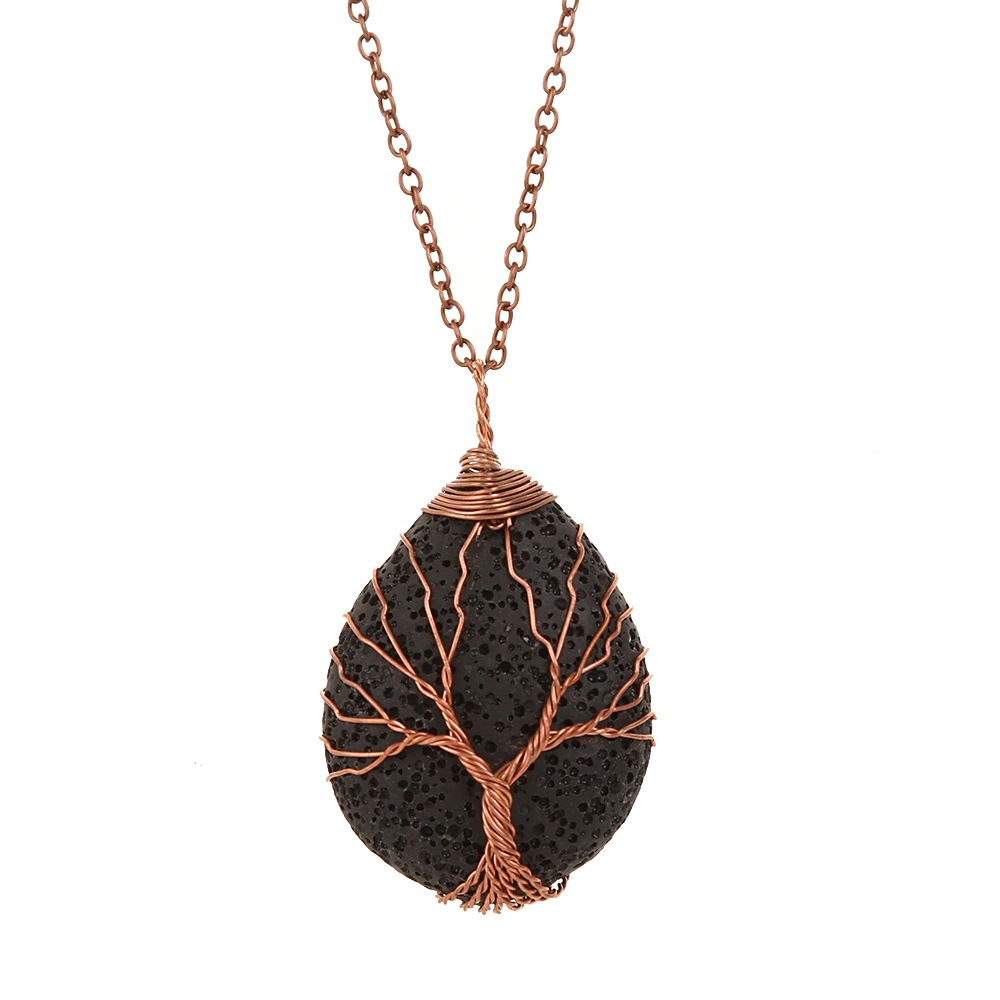 Handworked Wire Wrapped Tree of Life Black Lava Waterdrop Gemstone Jewelry Handmade Pendant Necklace