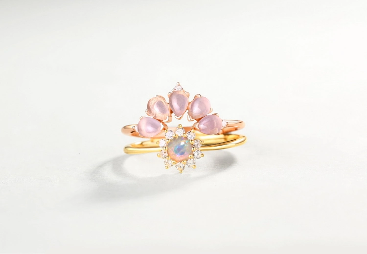Fashion 14K Gold Plated Silver Jewelry S925 Silver Curved Stackable Synthetic Rose Quartz Finger Ring