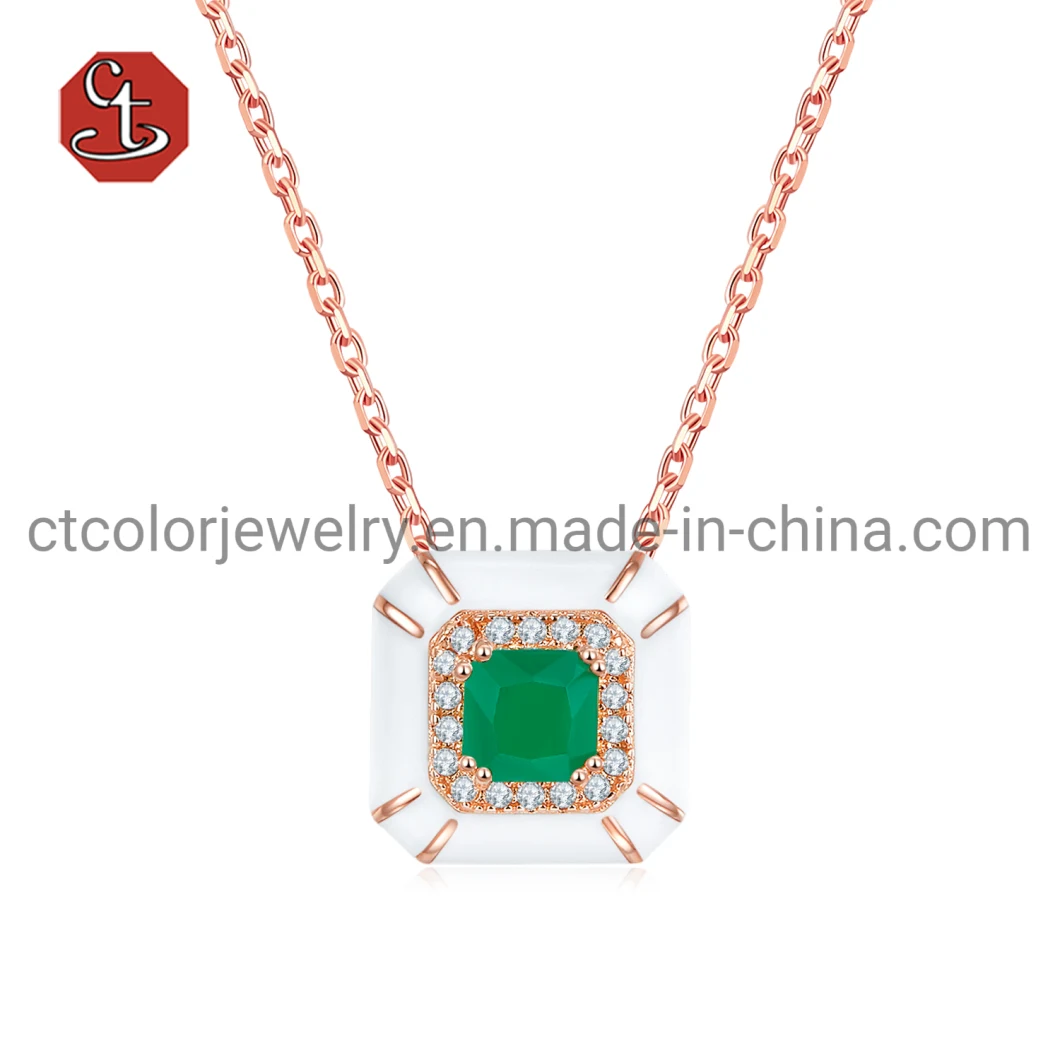 Fashion Jewelry Emerald Diamond White Enamel Ring Elegant Silver or Copper Jewelry for Female