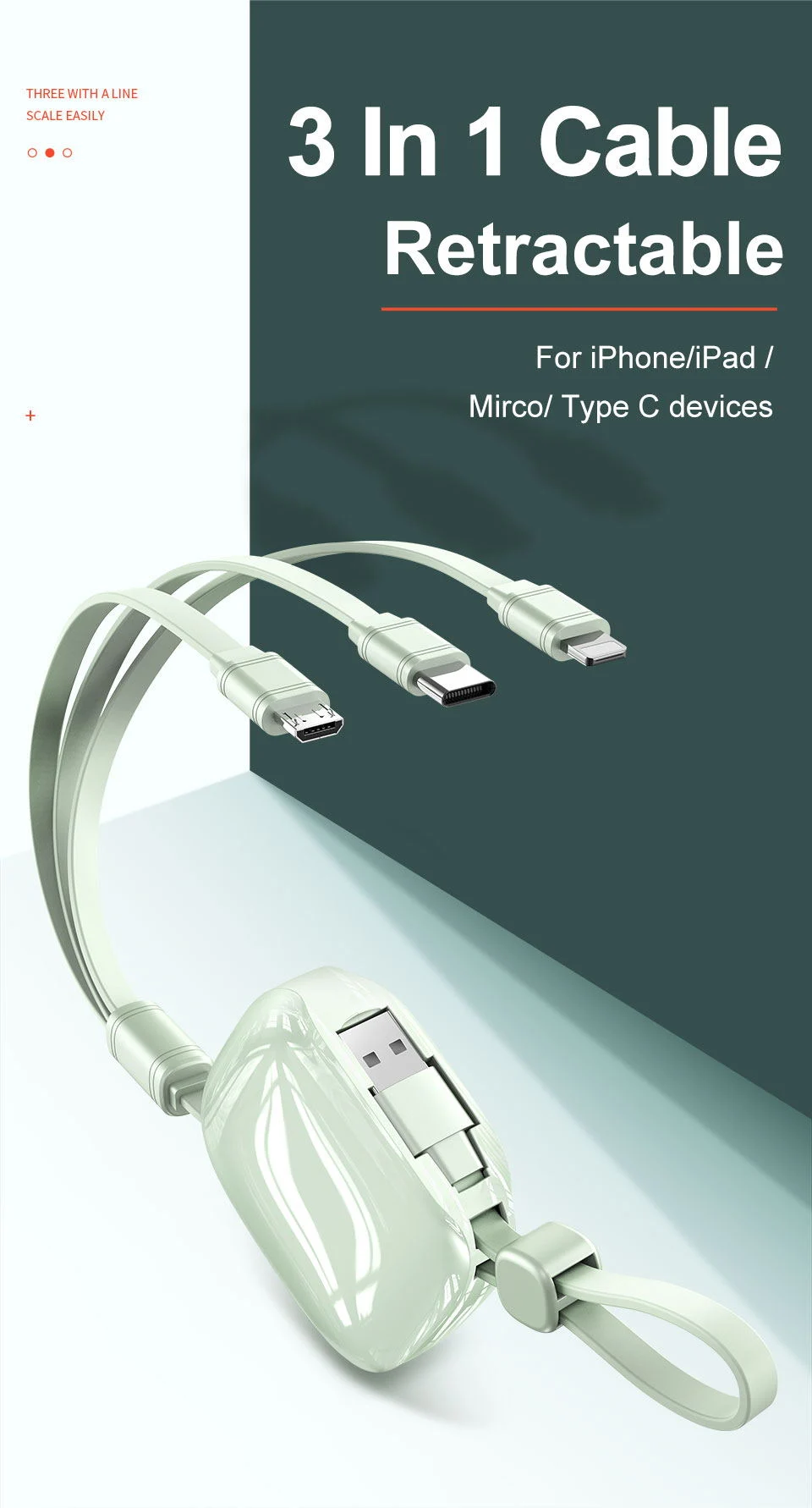 Best Selling Tongyinhai 1.2 M USB Groove Design 3A Quick Charge Retractable Cable for mobile Phone