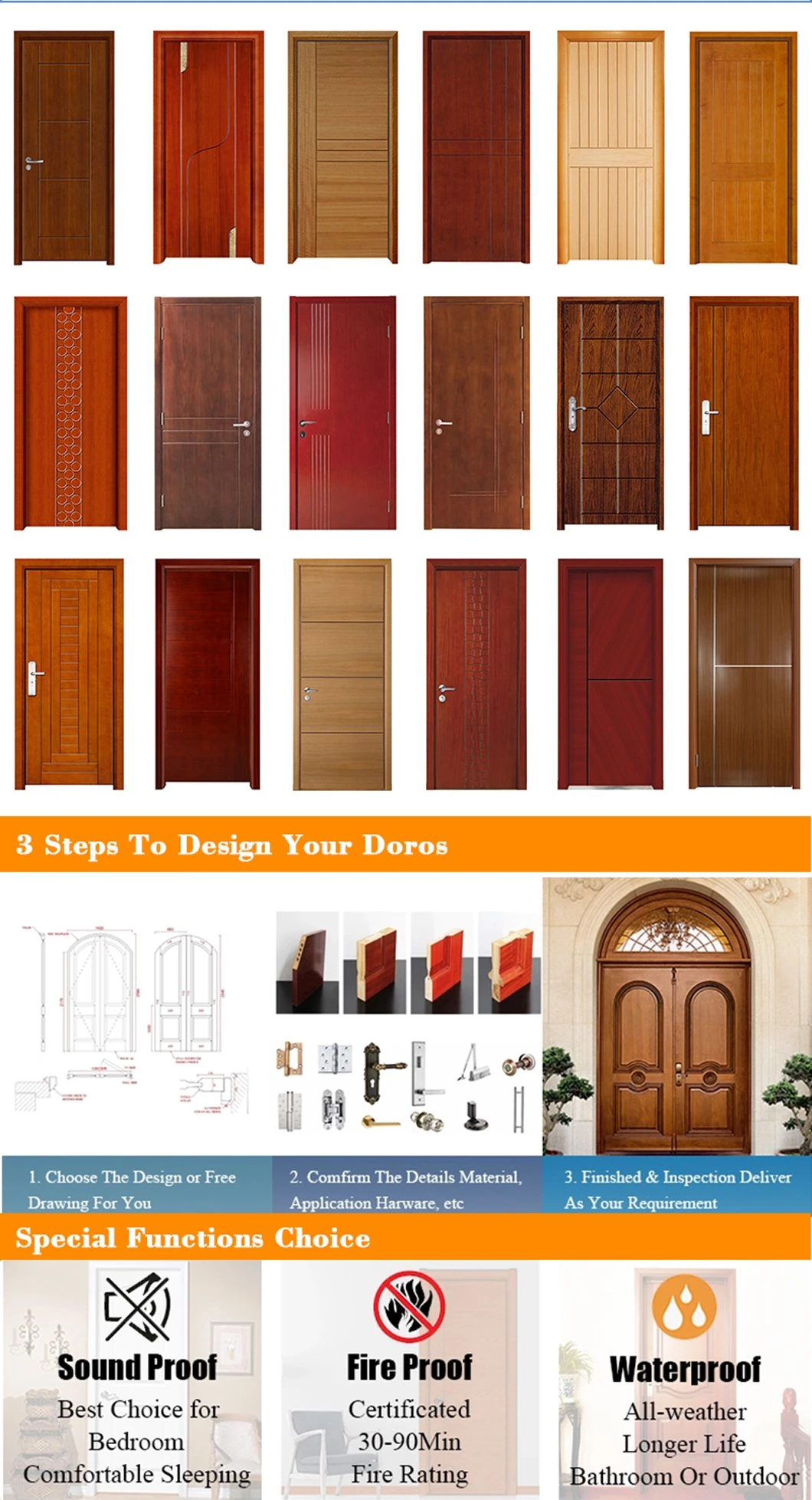 Customized Wooden Interior Hotel Fire Rated Door Solid Wood Panel Doors