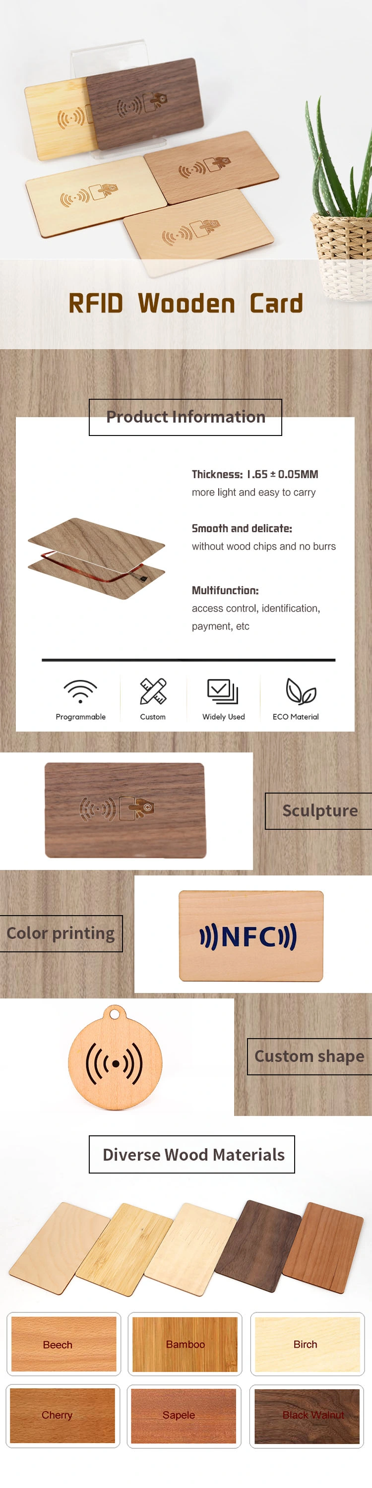 Non Standard Size RFID Wooden Card Hotel Door Access Control Bamboo Card