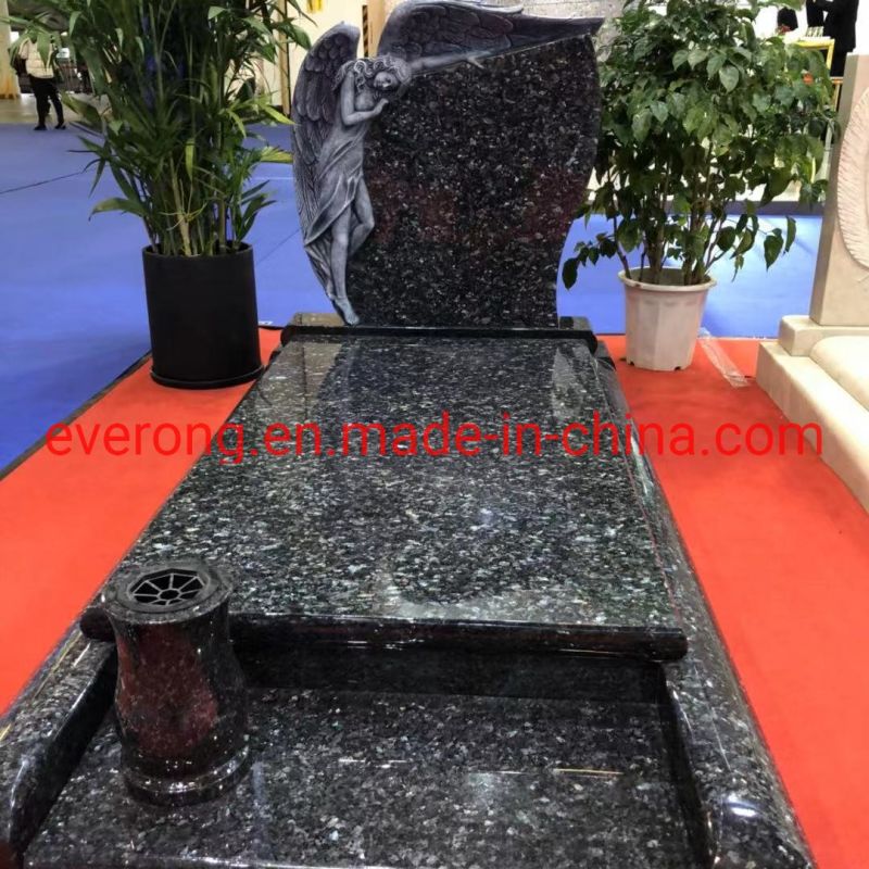 Cheap Antique Bahama Blue Granite Monument with Carving Flowers