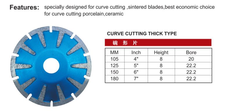 Diamond Saw Blade with Curved Segment for Cutting Porcelain, Ceramic