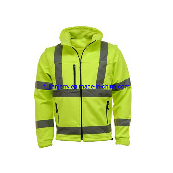 New Design Hi-Vis Mechanical Stretch Softshell Reflective Men's Safety Jacket with Detachable Sleeve
