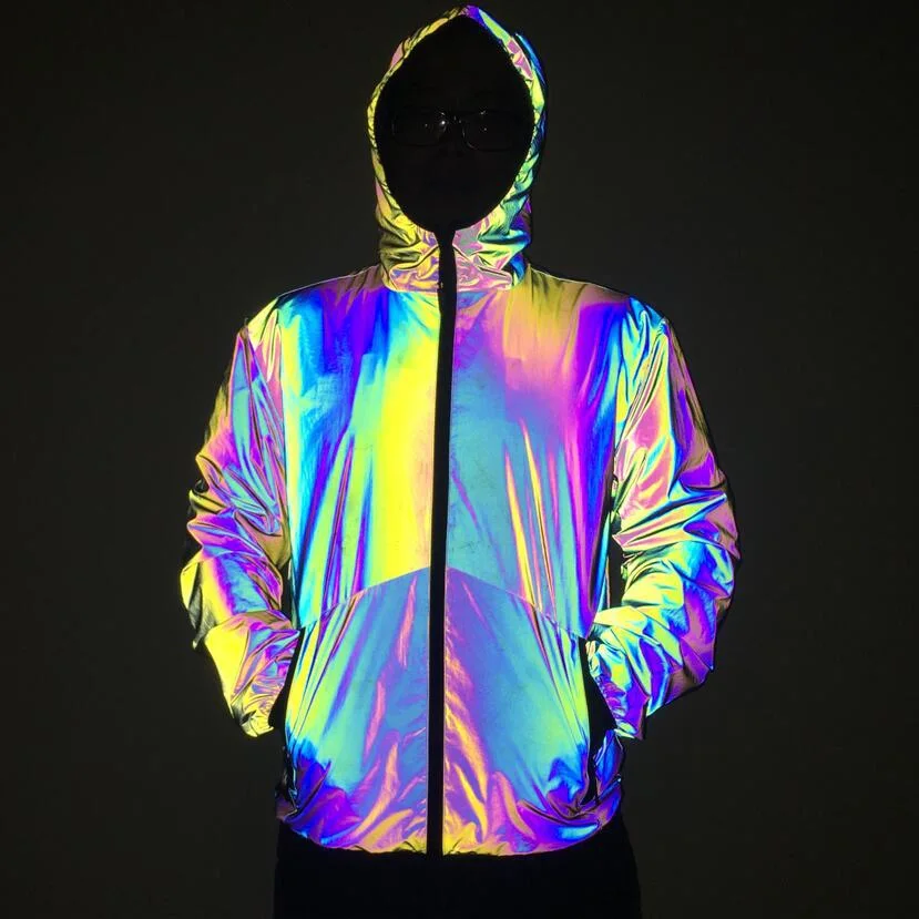 Running Sports Reflective Shiny Spring Autumn 100% Polyester Rainbow Colour Reflective Casual Windbreaker Jacket for Men