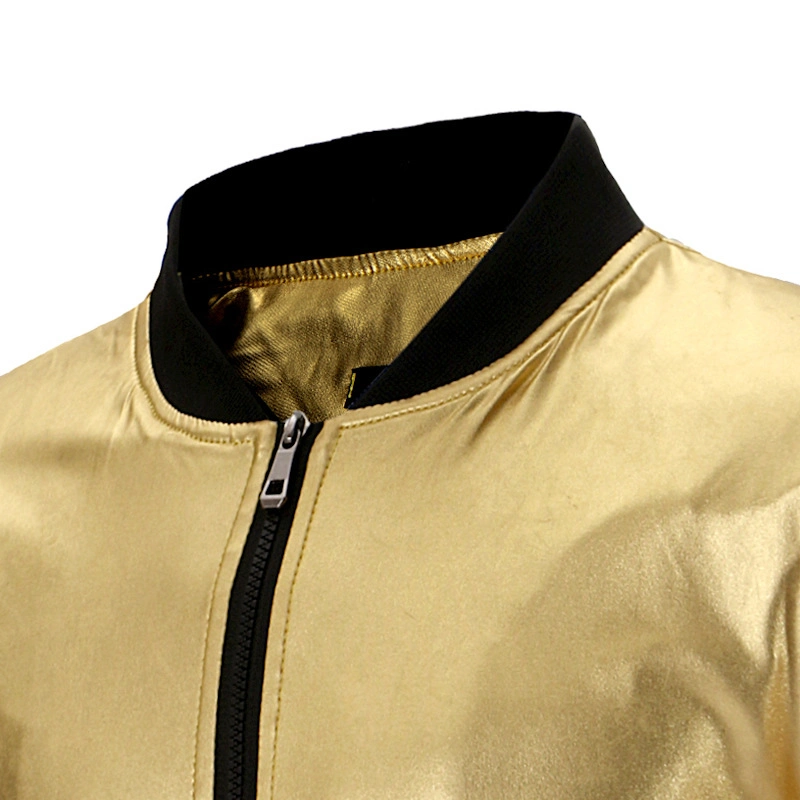 Mens Casual Golden Slim Fit Full Zip Metallic Shiny Bomber Nightclub Jacket