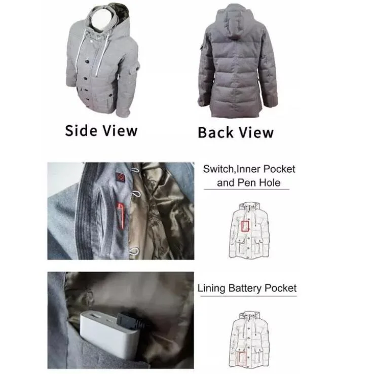 Mens Battery Heated Down Jacket, Woolen Flannel Jacket with Duck Down Inside