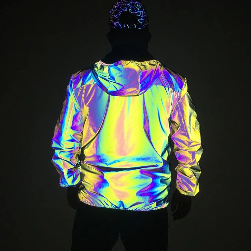 Running Sports Reflective Shiny Spring Autumn 100% Polyester Rainbow Colour Reflective Casual Windbreaker Jacket for Men