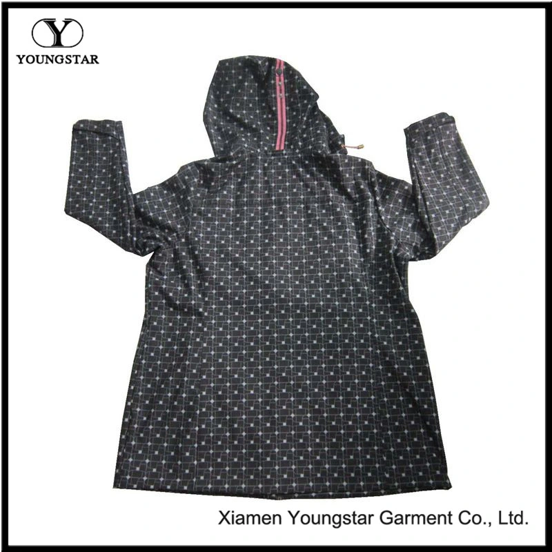 Ys-1067 Printed Black Microfleece Waterproof Breathable Womens Hooded Softshell Jacket