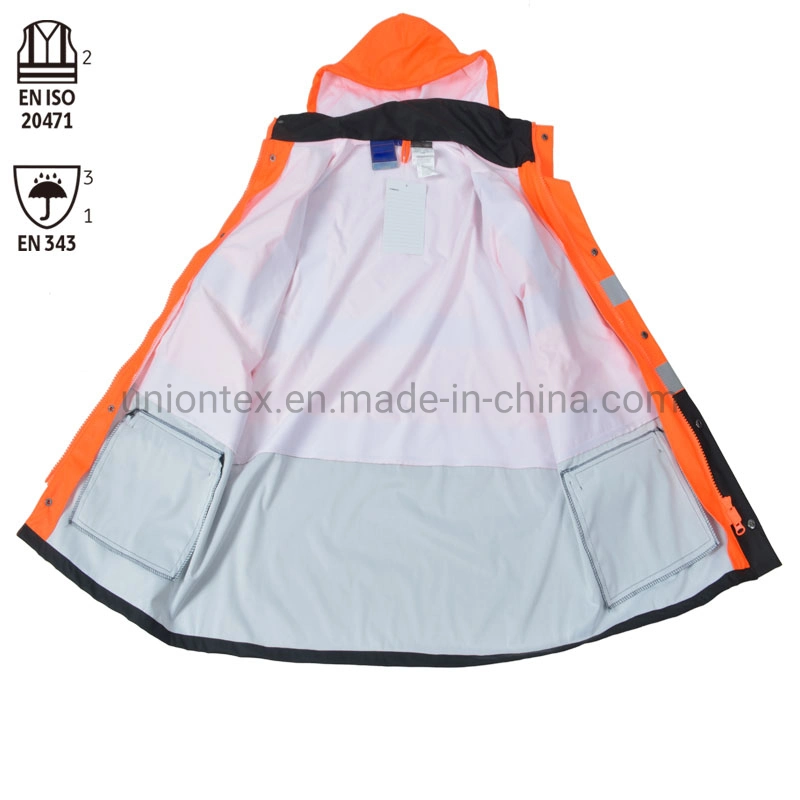 Hi Vis PU Workwear Jacket Waterproof Safety Clothing Reflective Raincoat with En343 and En20471