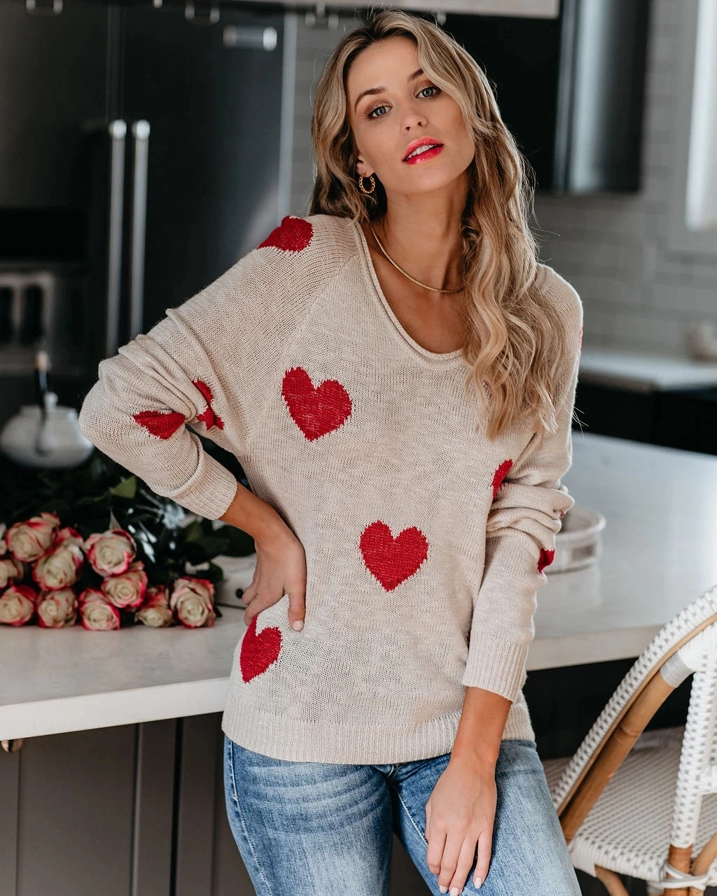 Love V-Neck Knitted Women Casual Fashion Sweater Winter Clothes