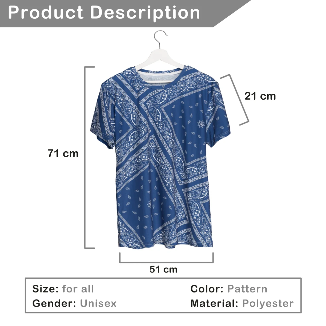 Hot Sale Summer Bandana Blue Custom Short Sleeve Design Medium Lenght Logo Printed T-Shirts