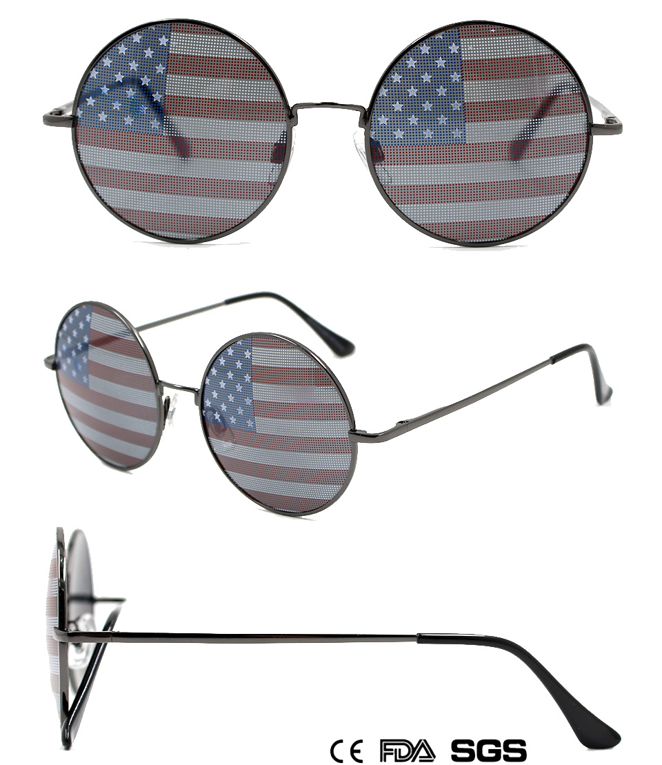Round Retro Metal Sunglasses with an American Flag Motif on The Lenses (M40272)