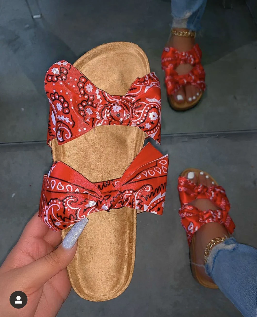 Orange Pink Bandana Printed Ins Slip on Slide Footwear Slipper Flat Bow Sandals Bandana Slides