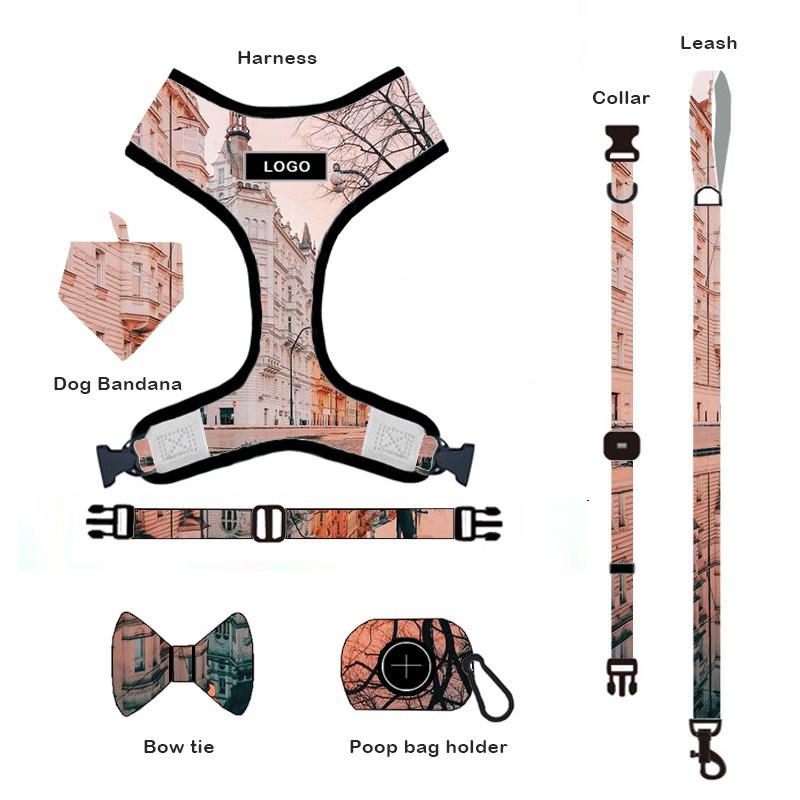 Custom Adjustable Collar Bow Leash Harness and Bandana Sets