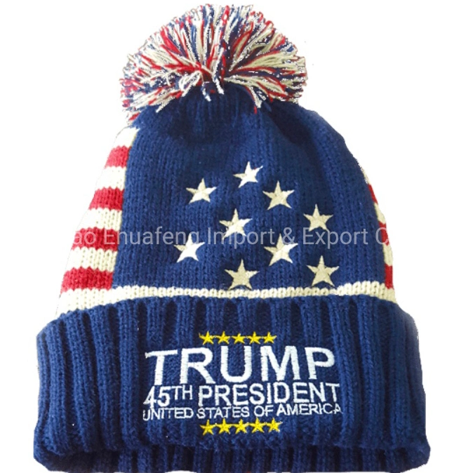 Wholesale Fashion Adult Jacquard Embroidery American Flag Cable Knit Winter Hat 45th President POM Beanie