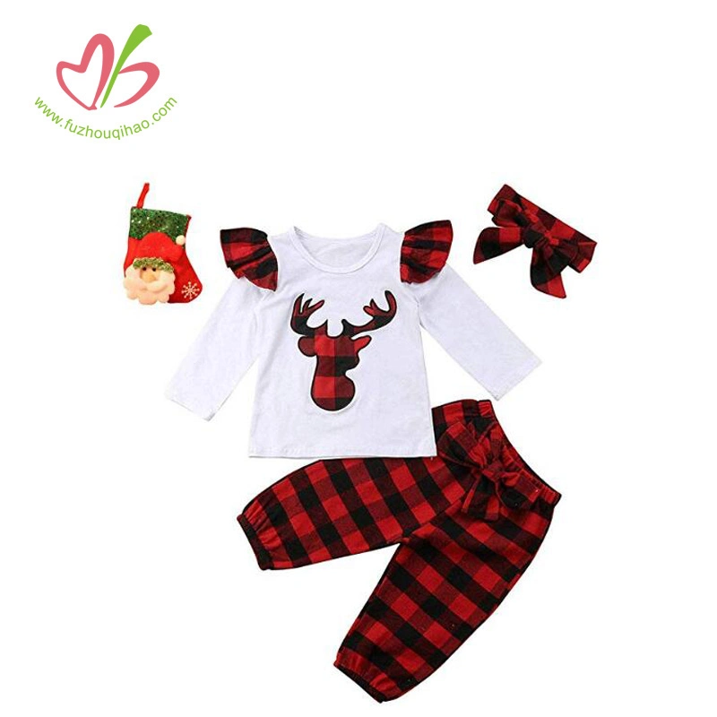 Winter Christmas Printing Baby Clothing Sets Plaid Outfits for Baby Girls