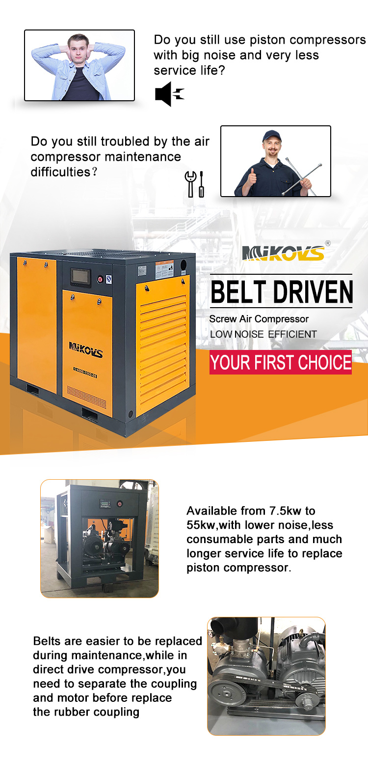 2019 Hot Sell Heavy Duty Double Screw Compressor Stationary Oil-Injected Belt Drive Compressor