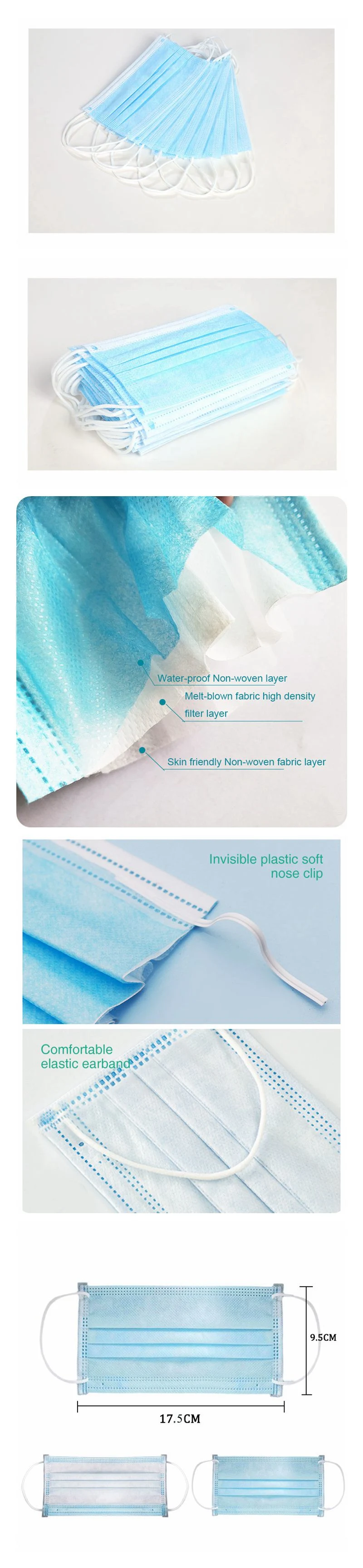 3 Ply Nonwoven Fabric and Filter Fabric Wholesale Protective Mask Disposable Civilian Mask
