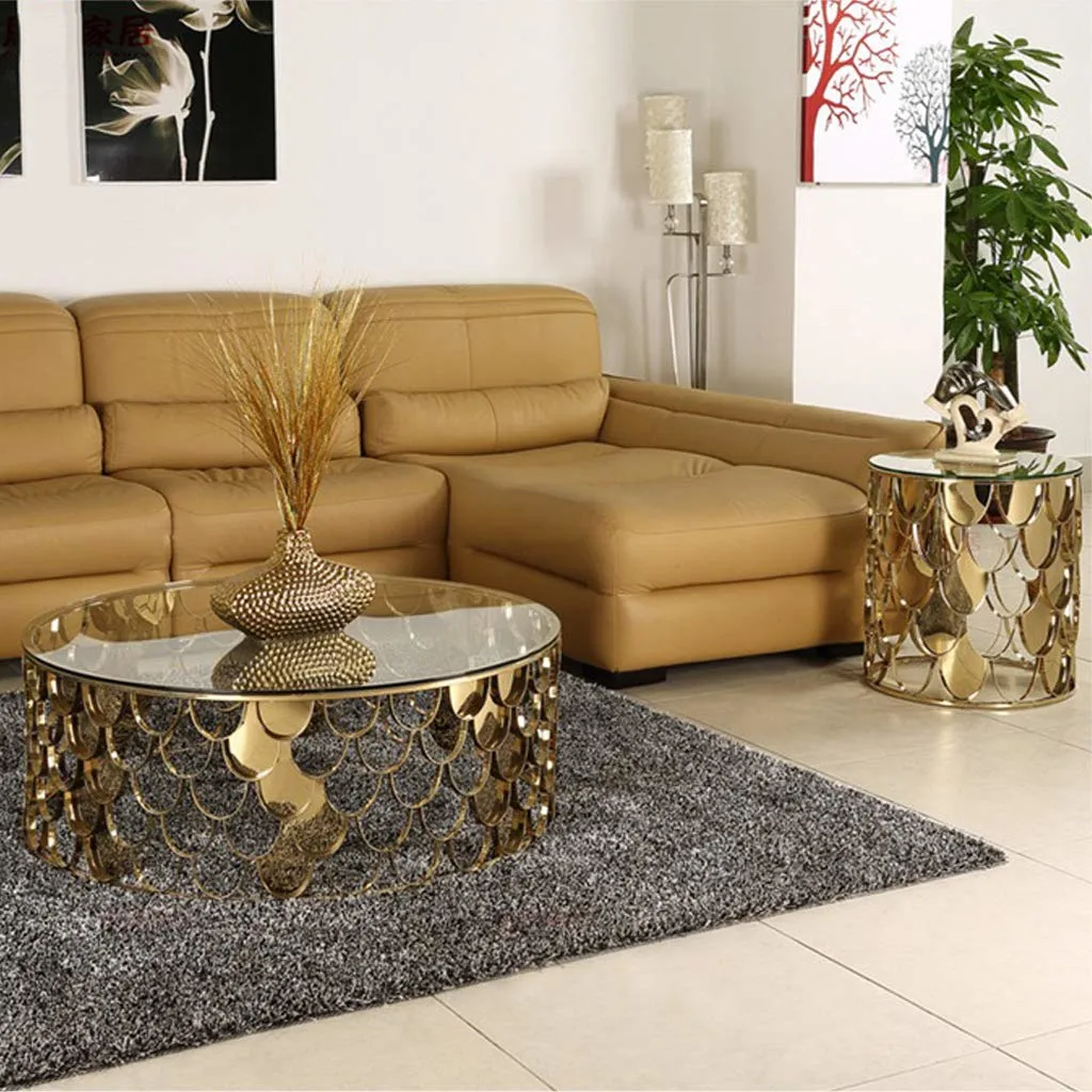 Round Coffee Table Sofa End Table Living Room Side Table Modern Luxury Furniture, Tempered Glass Table Top and Gold Stainless Steel Frame Coffee Tables