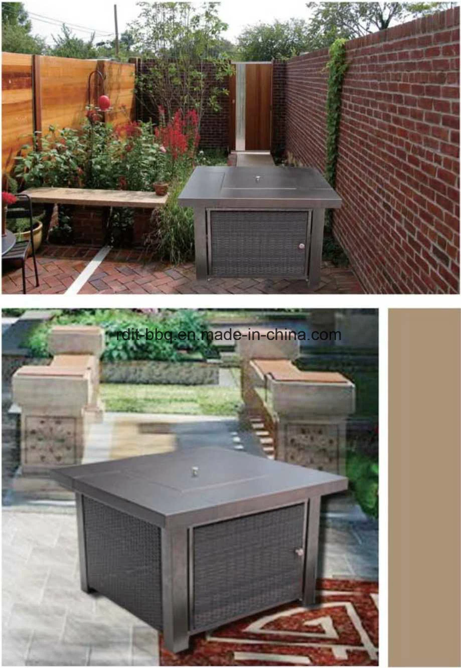 Classic Square Fire Pit with Wicker Panels and Powder Coated in Bronze Hammered Metal Table Top
