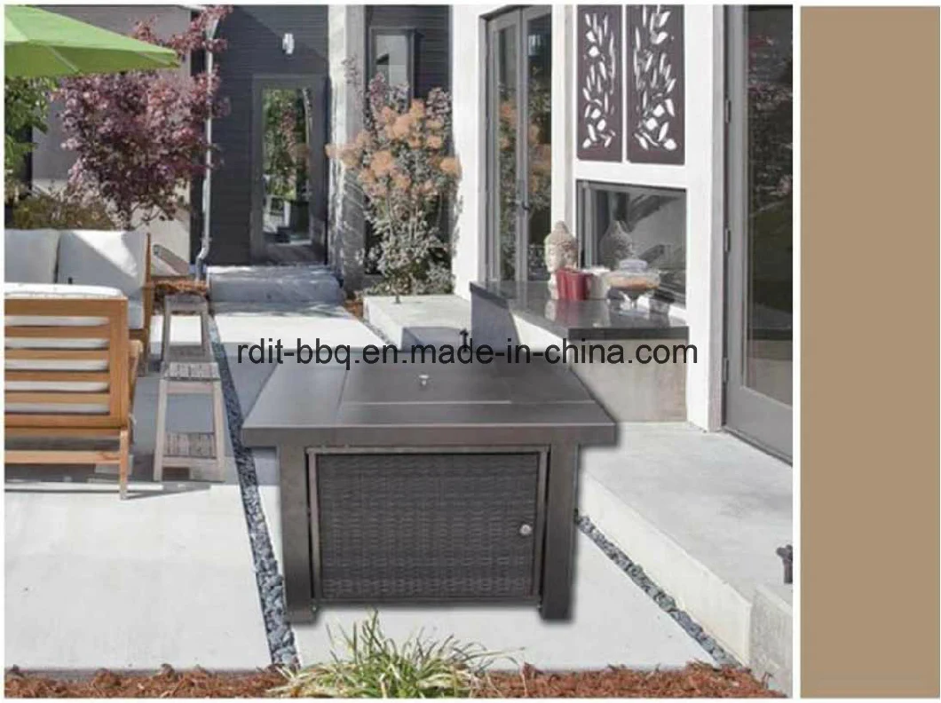 Classic Square Fire Pit with Wicker Panels and Powder Coated in Bronze Hammered Metal Table Top
