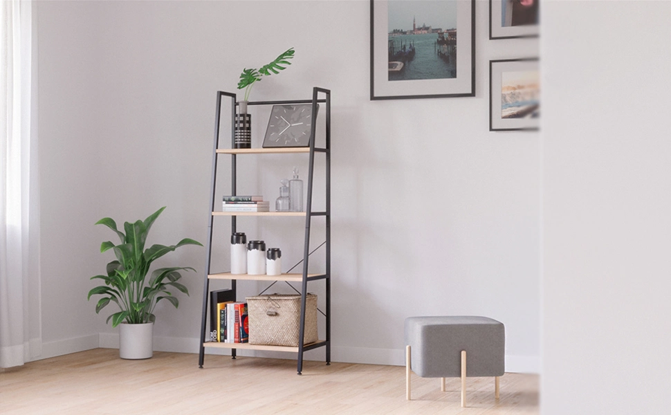 Ladder Shelf 4 Tier Bookshelf Metal and Wood Bookcase Home Office Storage