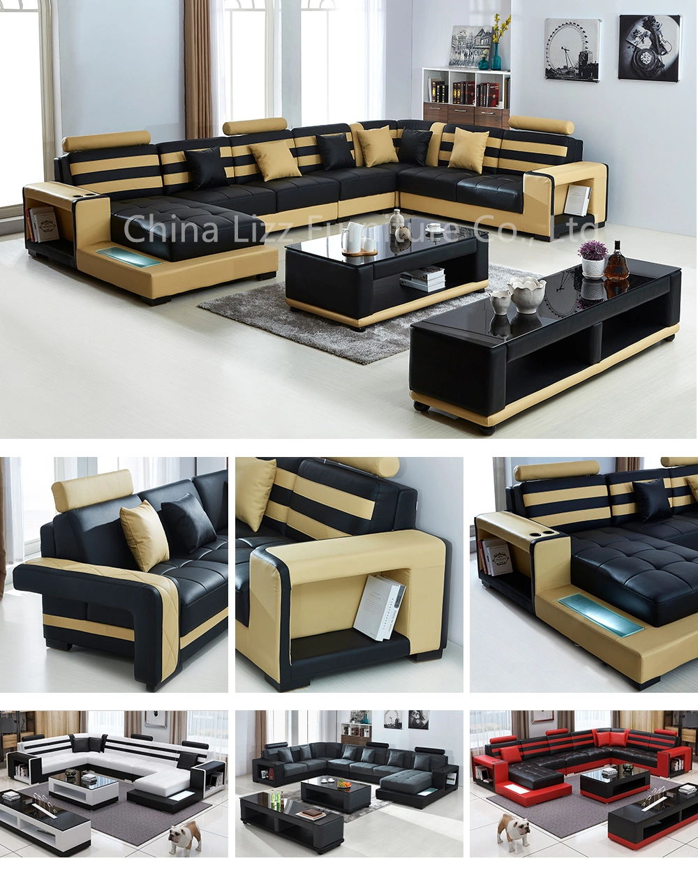 Chinese Home Furniture Italian Leisure Leather Sofa Set with LED Light and Coffee Table