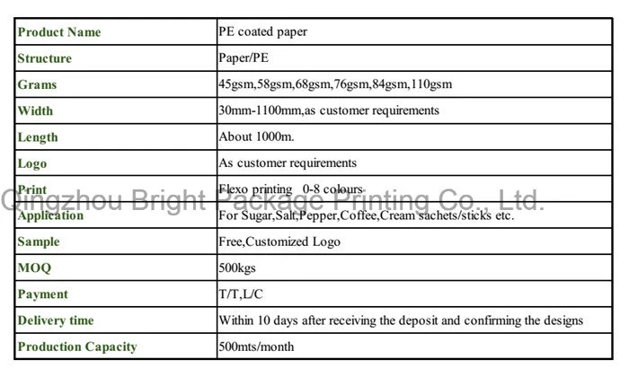 PE Coated Sugar Paper, PE Coated Sugar Sachet Packing Paper Roll