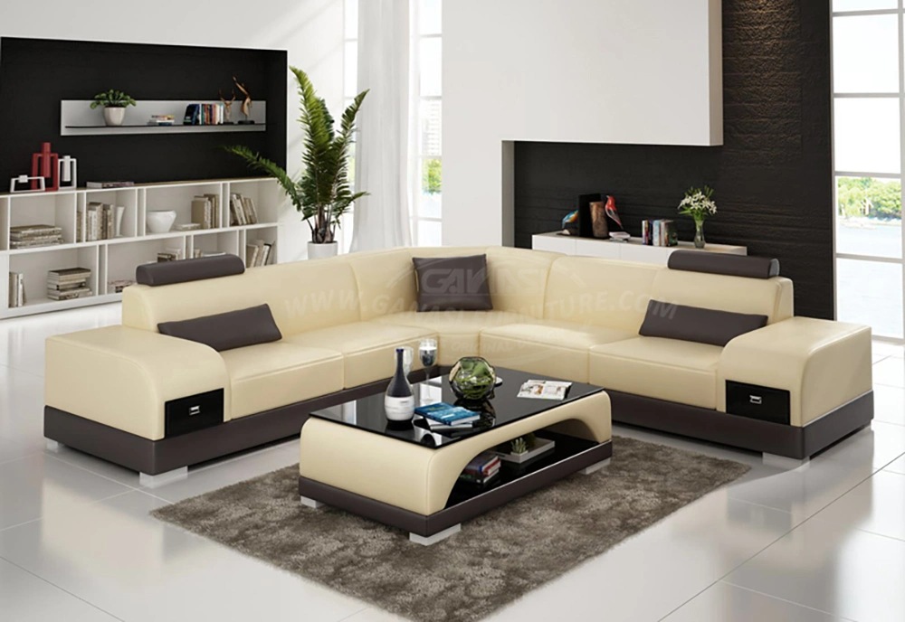 Wholesale Italian Style L-Shaped Genuine Leather Office Furniture with Coffee Table