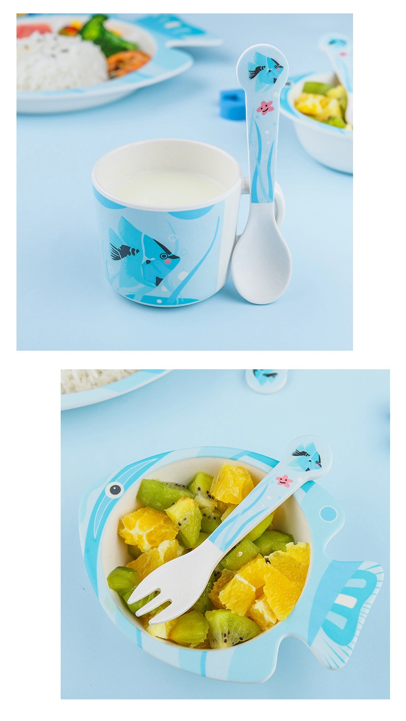 Lovely Cute Blue Fish Bamboo Fiber Eating Drinking Dinner Set Tableware for Children Boys 5 PCS