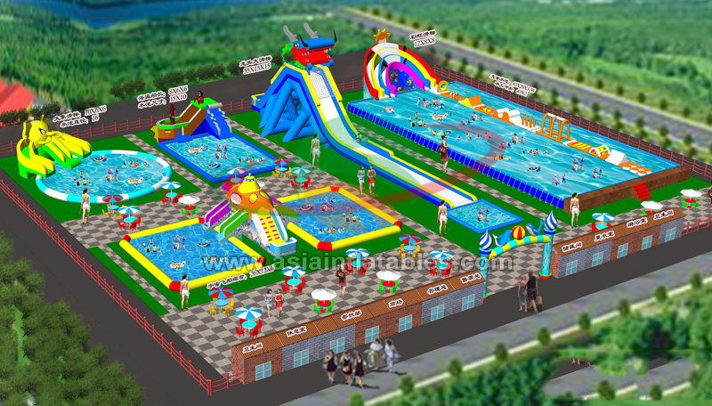 Large Inflatable Water Park on Land for Kids, Inflatable Water Slide with Pool