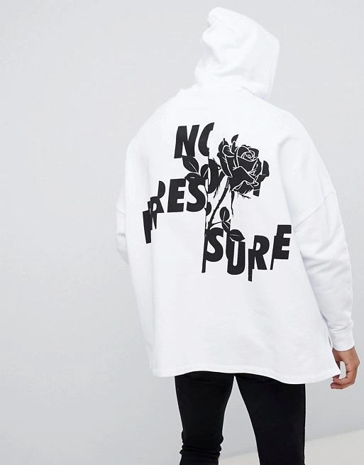 Custom Oversized Hoodie with Text and Floral Print in White Oversized Pullover Hoodie