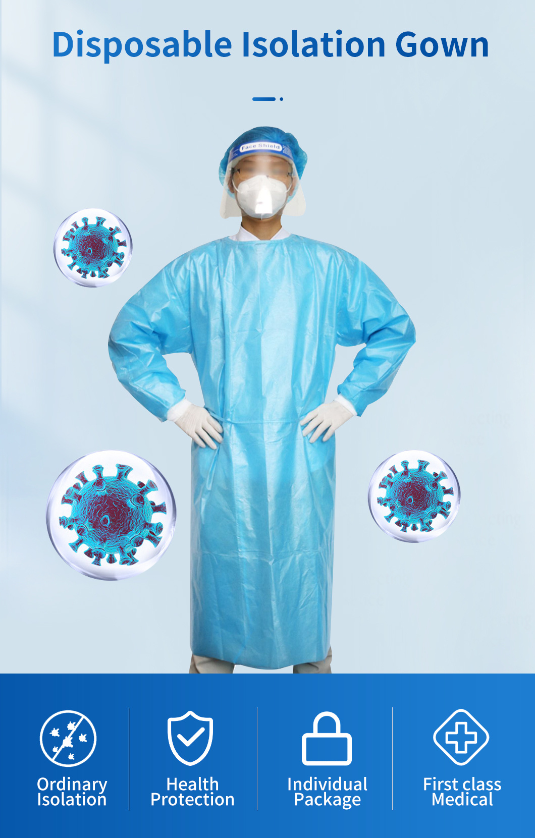 Disposable Hospital Use Medical Surgical Level 2 Blue with Seam Tape Isolation Gown