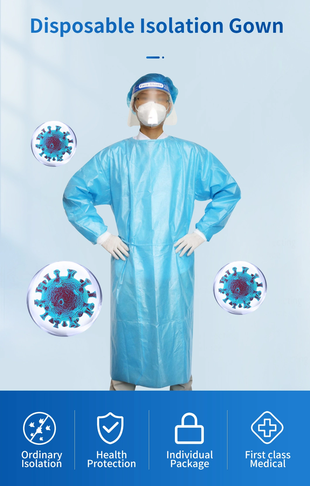 Disposable Gown Hospital Use Medical Surgical Level 2 Blue with Seam Tape Isolation