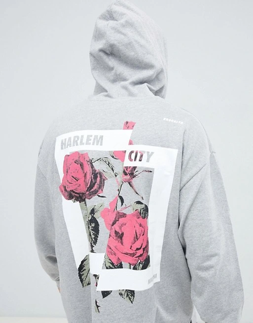 Oversized Hoodie with Floral Back Print in Gray Oversized Hoodies