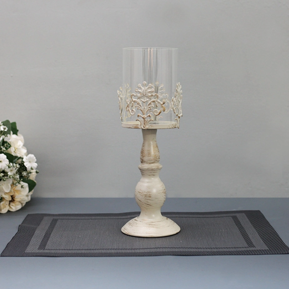 Elegant Candle Holder for Home Decor White Painted Flower Pattern Metal Glass Candle Holders