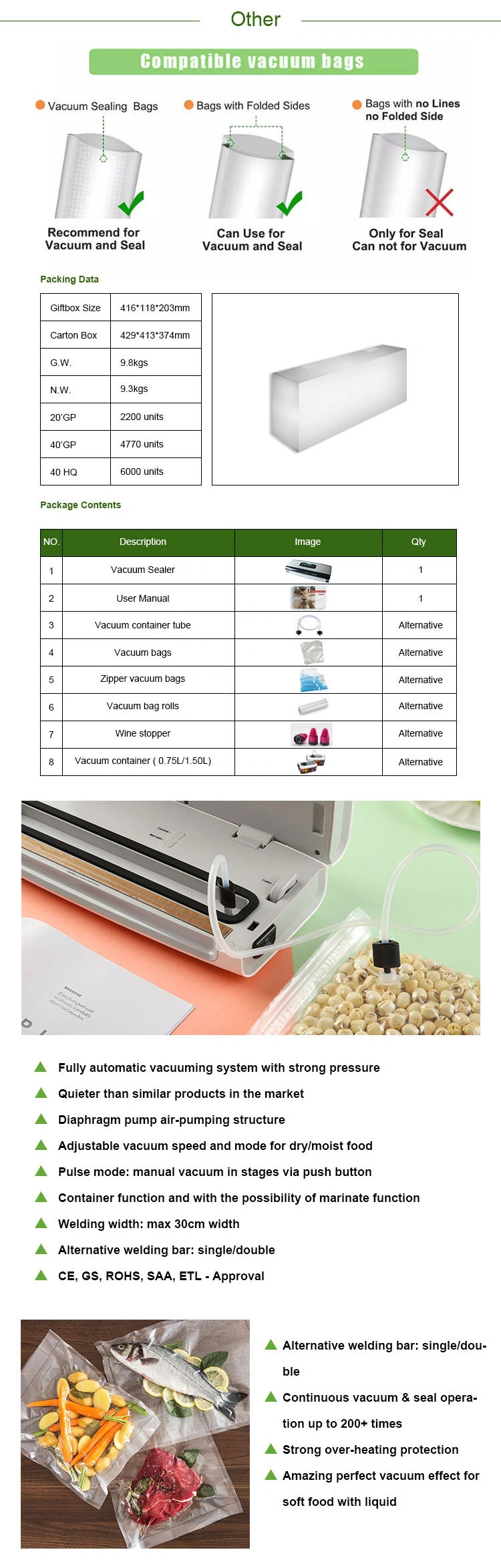 Fully Automatic Vacuum Food Sealer with Vacuum Food Bags and Vacuum Packaging Rolls Dry Moist Mode