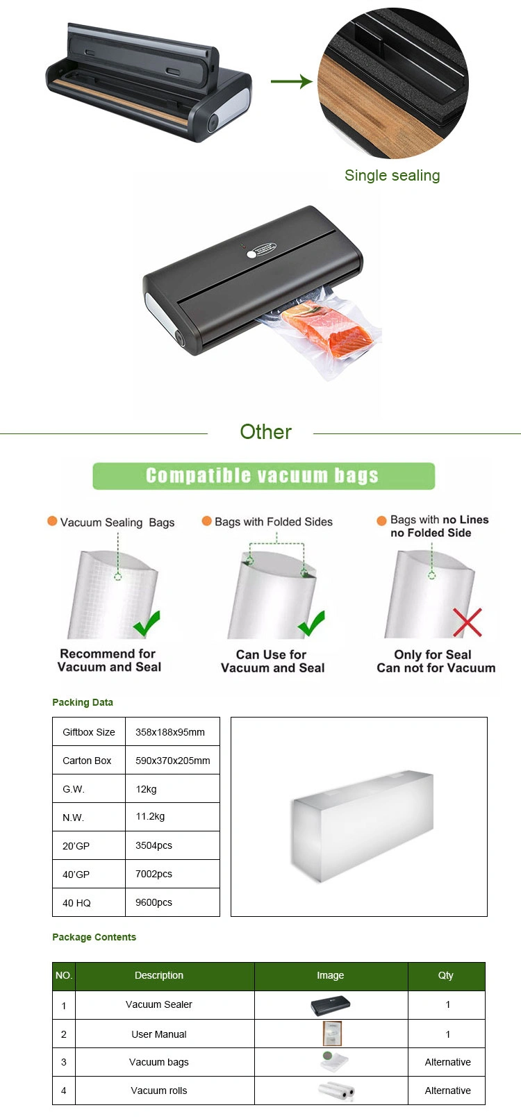 Safety Certified Sealing Machine Plastic Bag Automatic Food Saver Vacuum Sealer