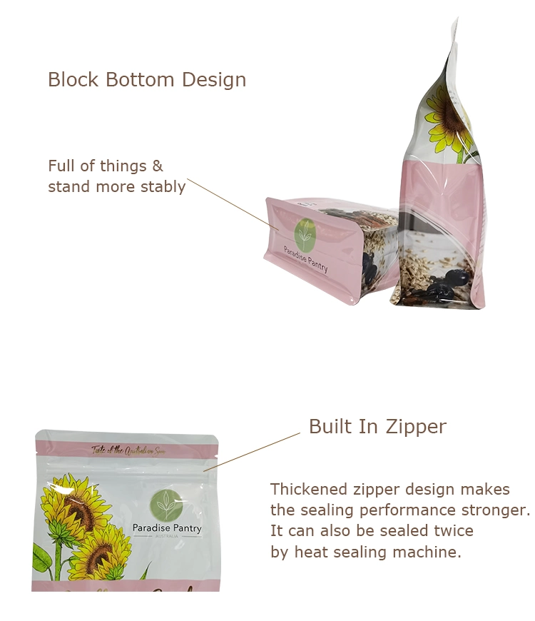 Printed Laminated Box Bottom Ziplock Aluminum Foil Plastic Food Packaging Bag for Snack Food