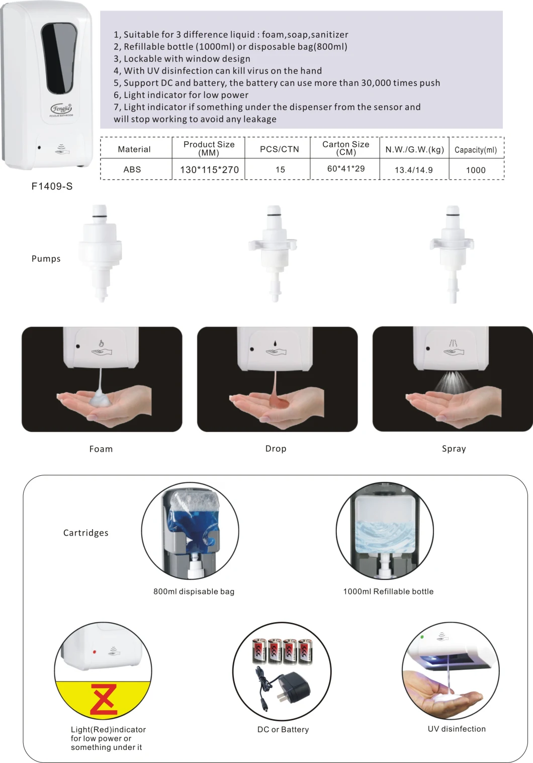 Disposable Bag Liquid Soap Dispenser 1000ml Automatic Soap Dispenser