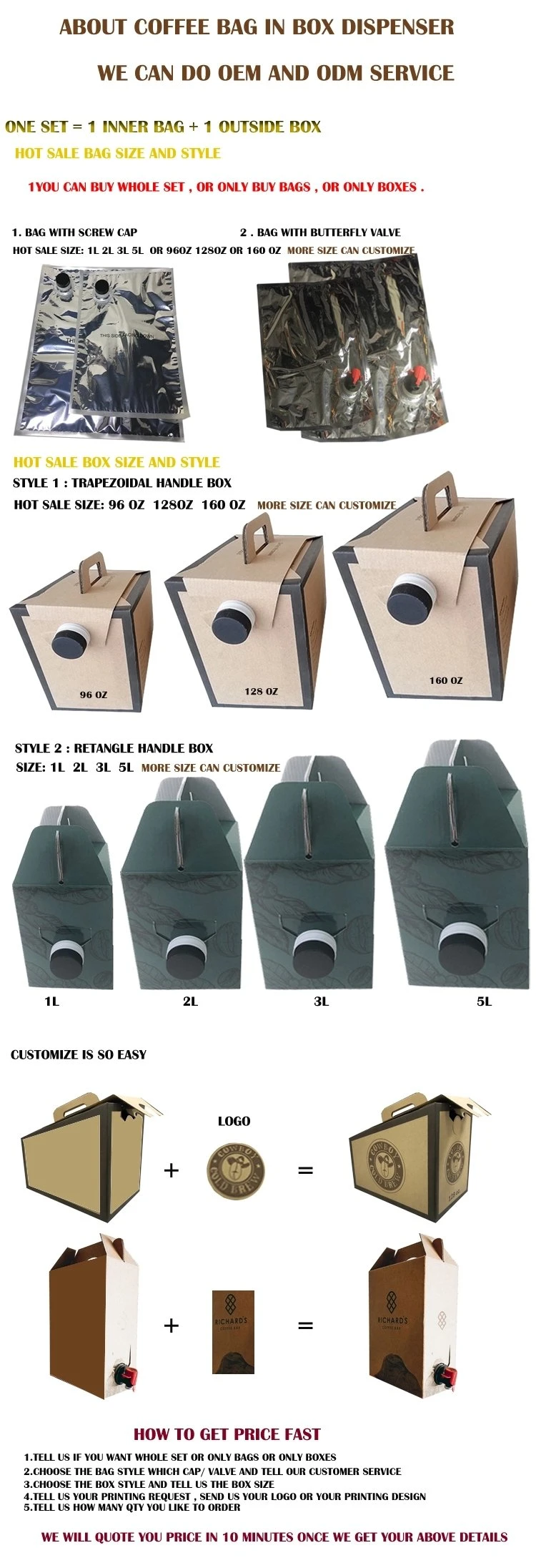 Custom Wholesale 2L/3L/5L Disposable Coffee Bag in Box with Valve Coffee Box Dispenser