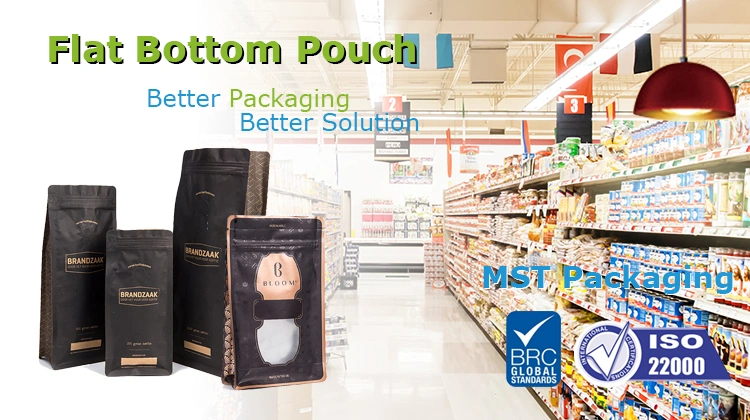 Custom Printing Flat Bottom Bag Box Block Bottom Coffee Bag with Degassing Valve